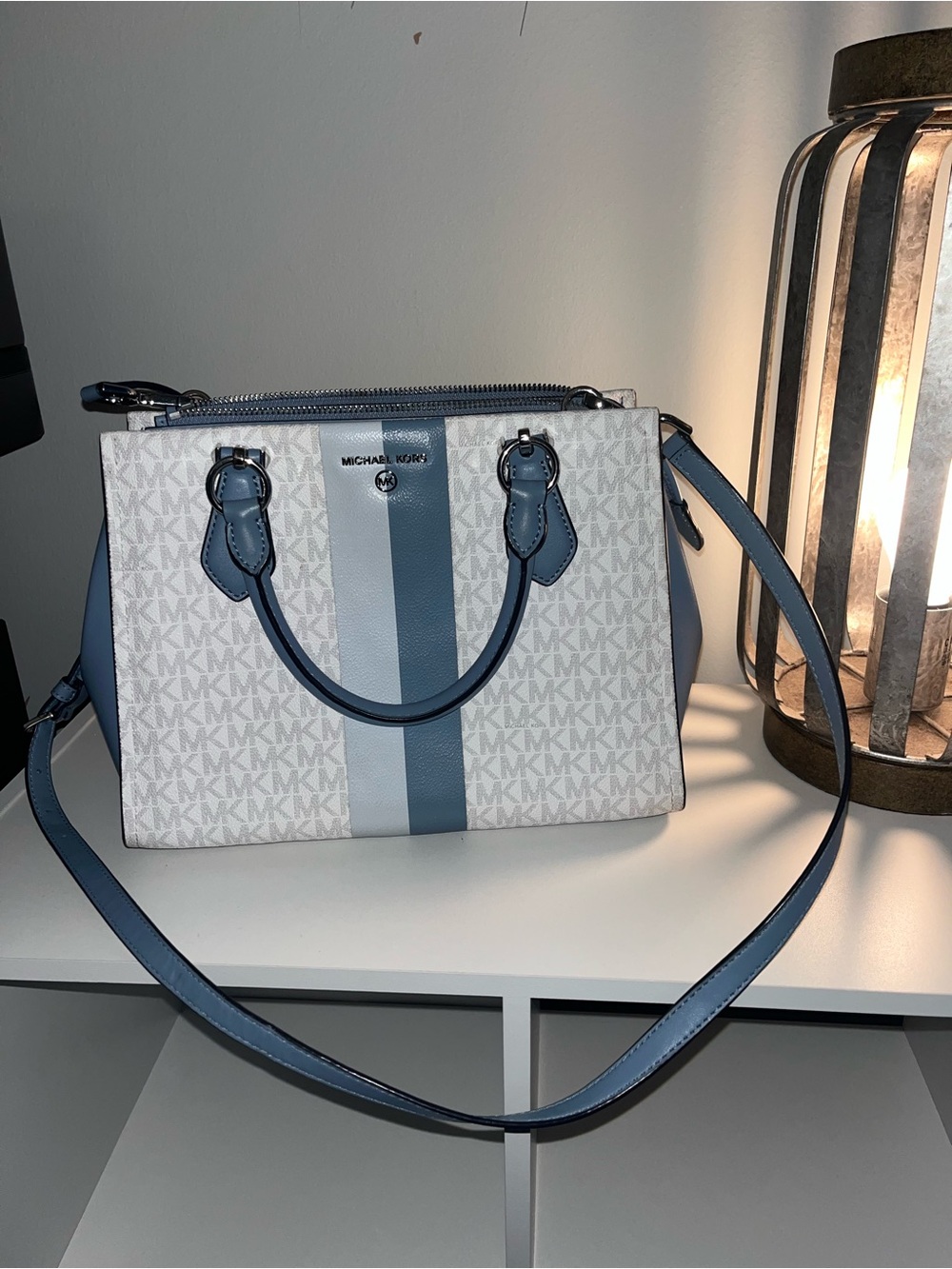 MICHAEL KORS White and Light Blue Signature Stripe Satchel
